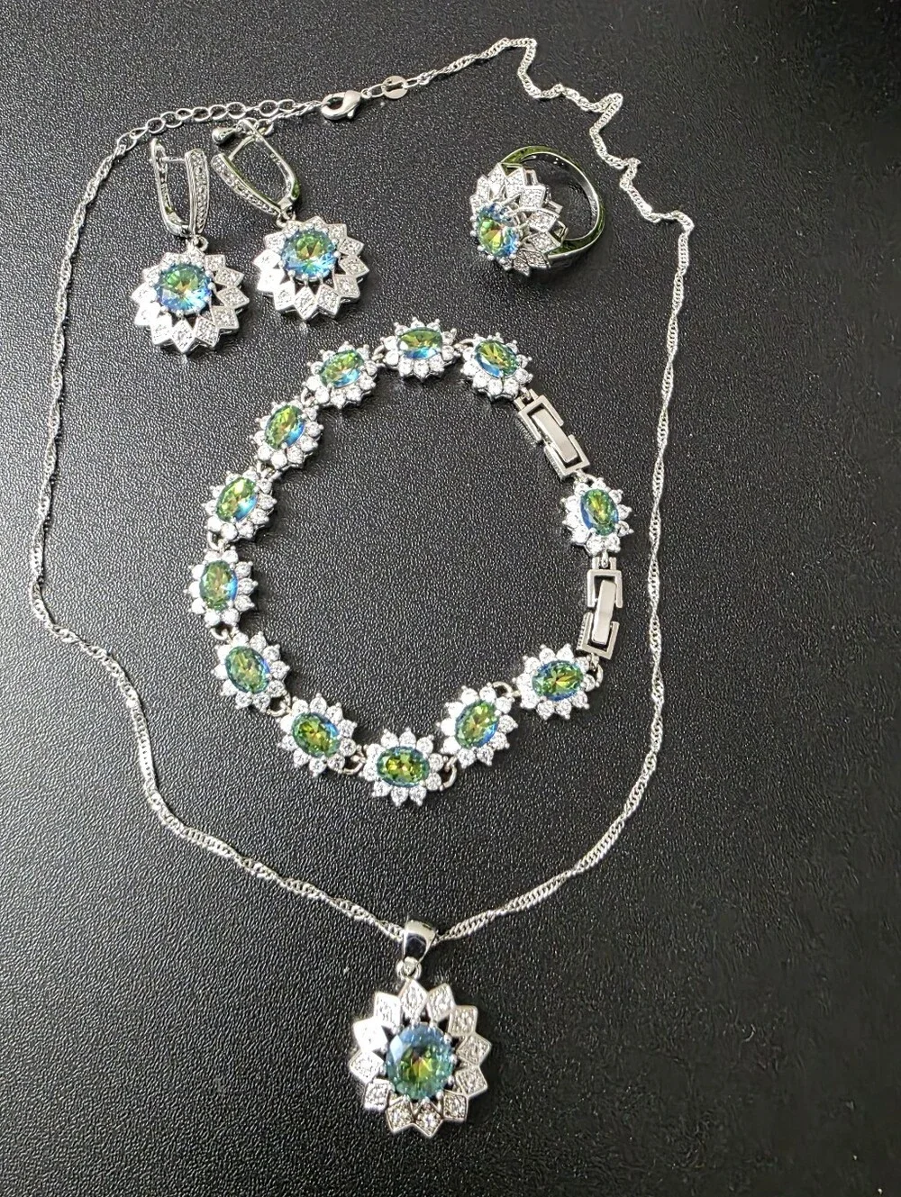 Watch Video / Sterling Silver 925 Green Mystic Peridot Necklace, earrings ring